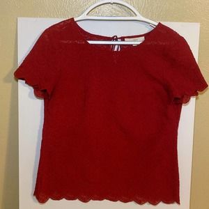 Ann Taylor LOFT Embroidered Top Lace Shell Short Sleeve Tie Back M Red